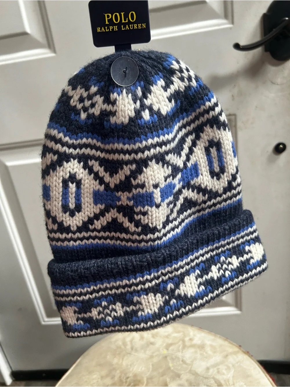Polo by Ralph Lauren Fair Isle Wool Blend Blue, Black & White Knit Beanie